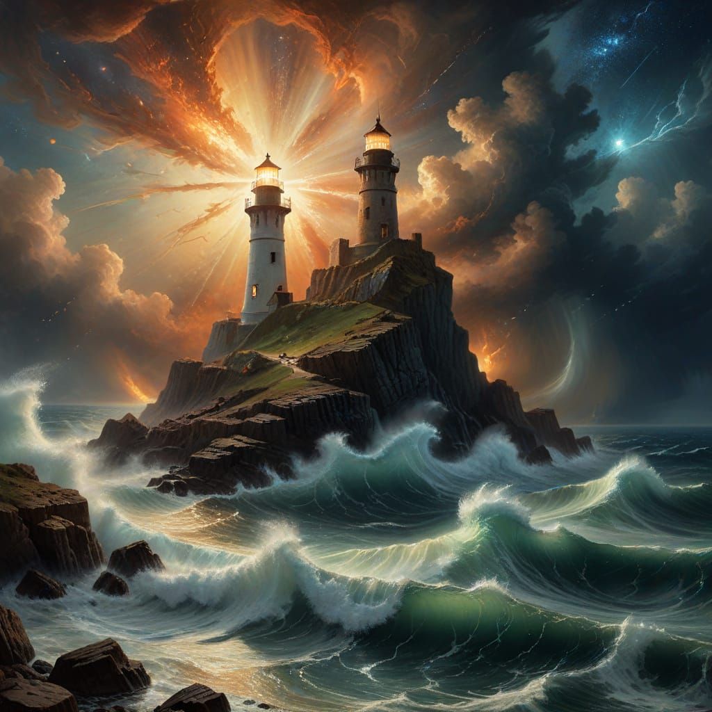 Ancient Lighthouse Battling Stormy Seas Under Galactic Sky