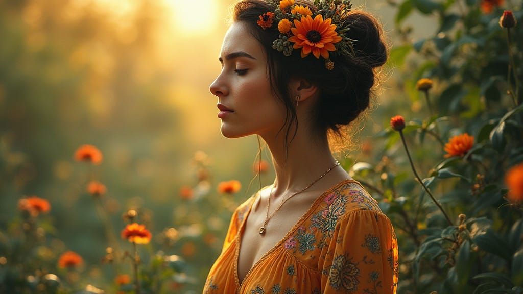 Woman Embracing Harmony in Nature, with Vibrant Blooms and E...