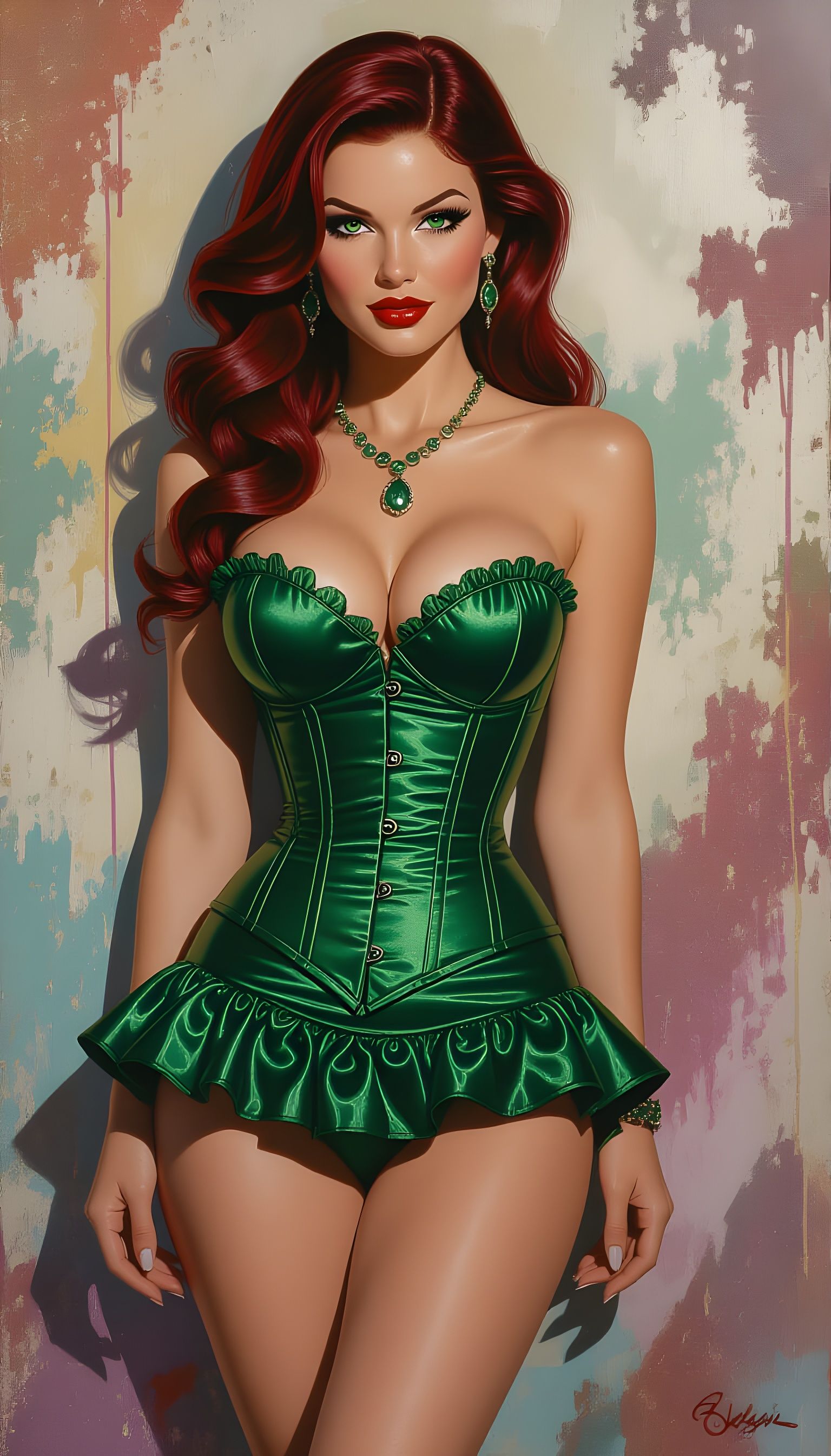 Pin-Up Woman in Emerald Green Bustier