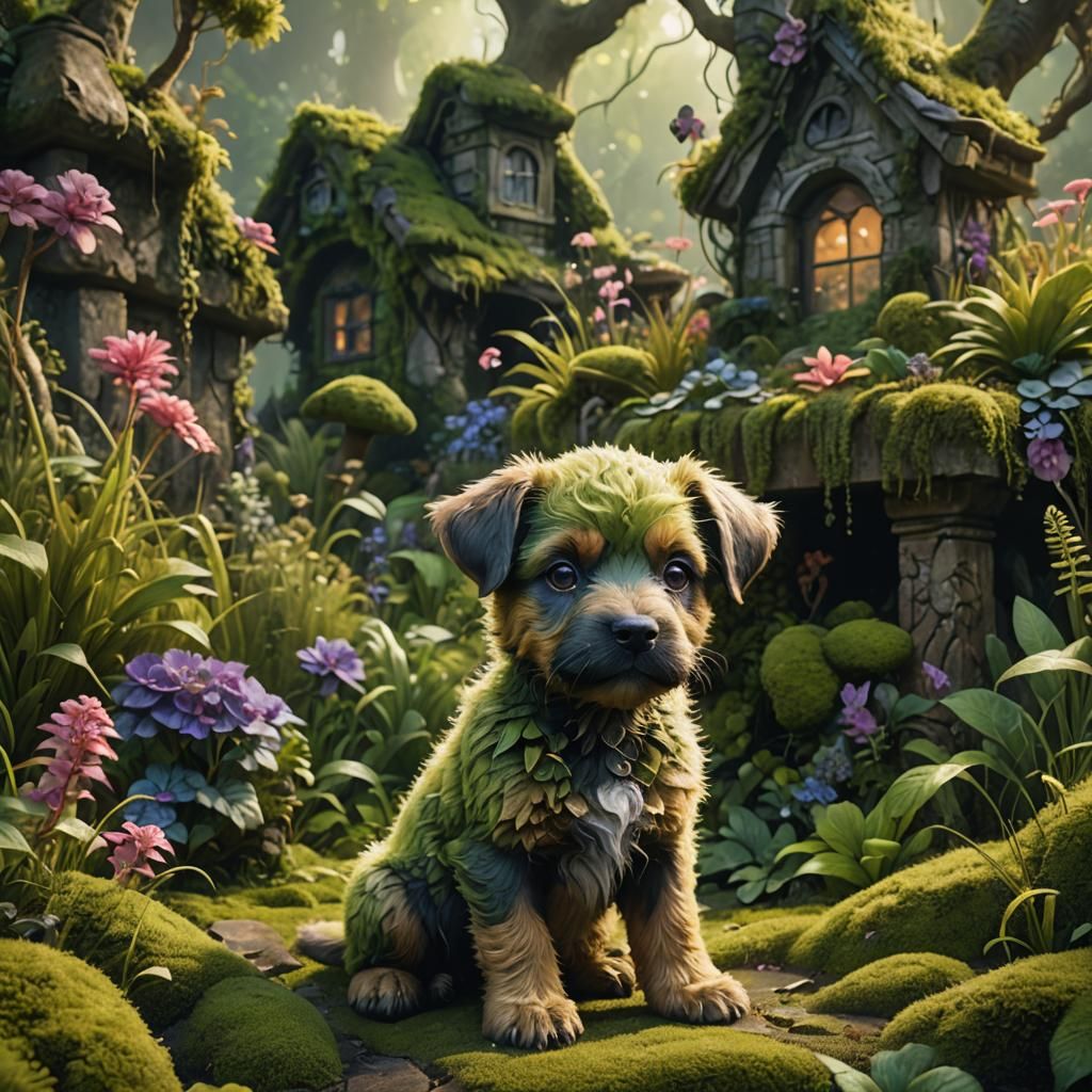 Mossy Puppy in Overgrown Garden: Digital Matte Painting