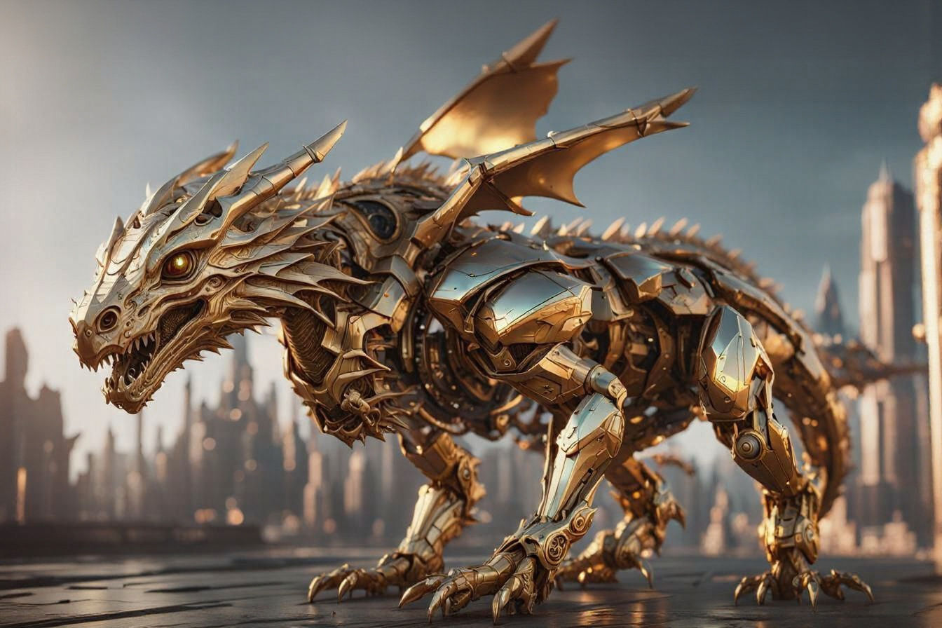 Golden Mecha Baby Dragon in Art Nouveau Style