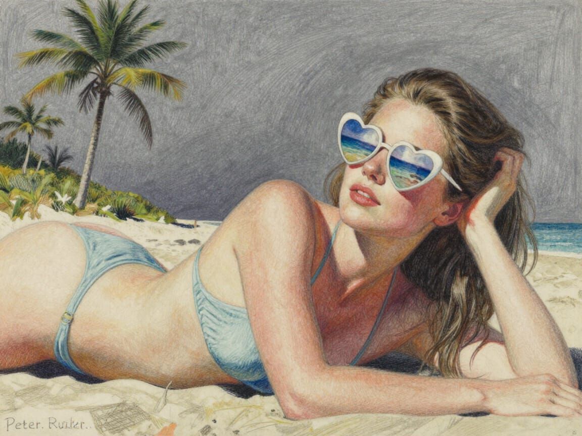 Woman Sunbathing with Heart Sunglasses, Beach Scene