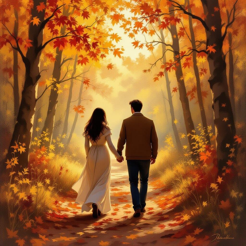 Couple Walking in Sunlit Autumn Forest Oil Painting