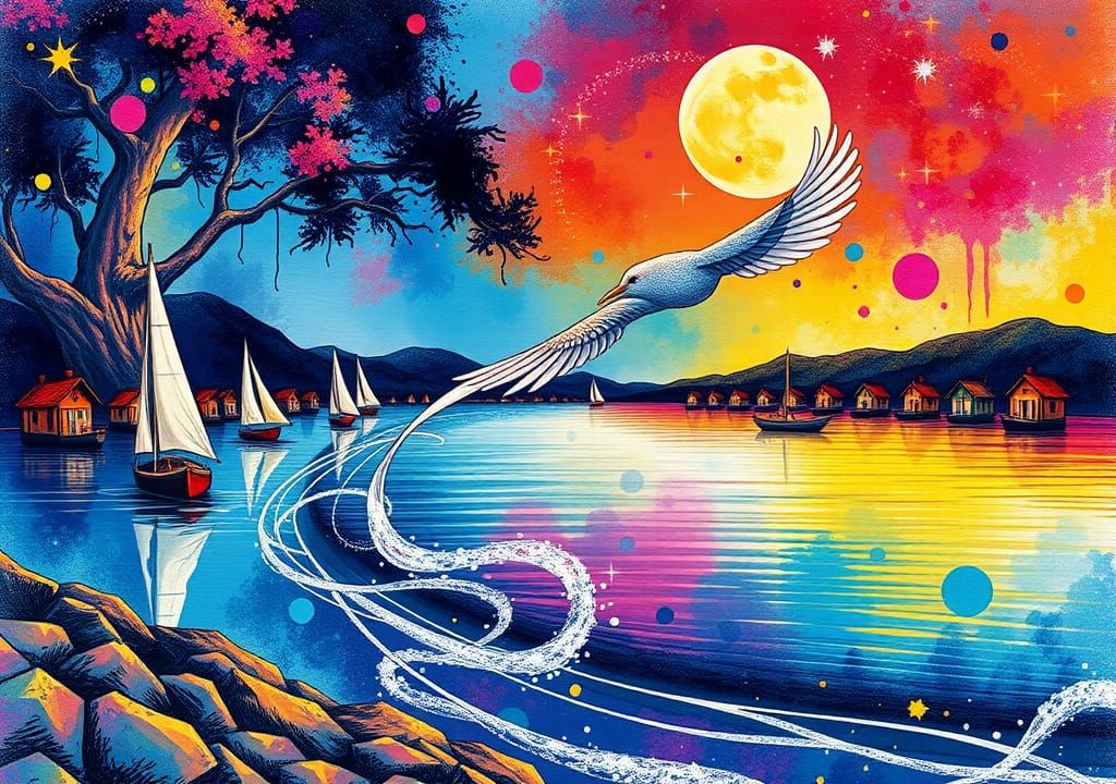 Rainbow Ink Splatter: River, Moon, and Bird