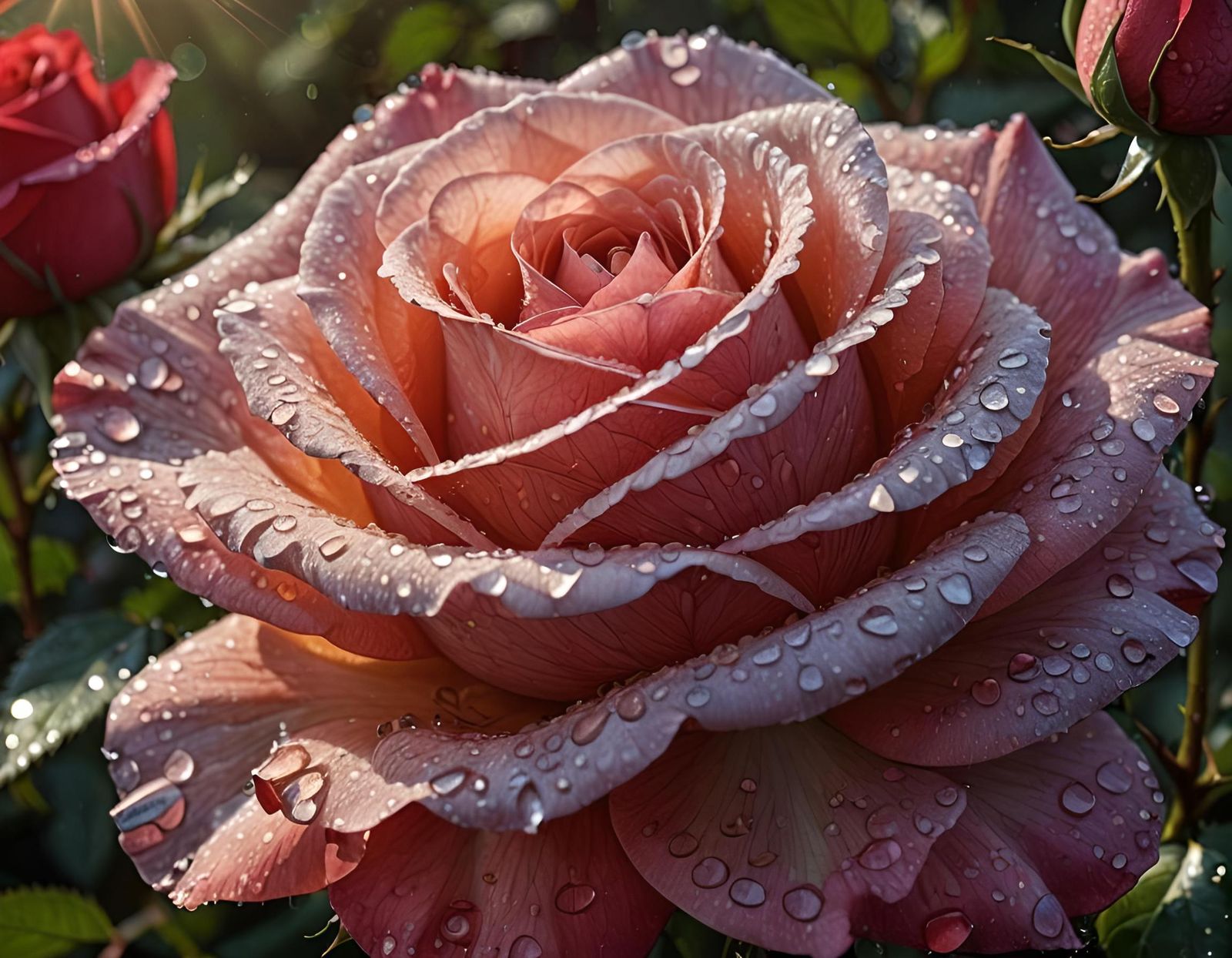 Rose with Dew Drops in Sunlight