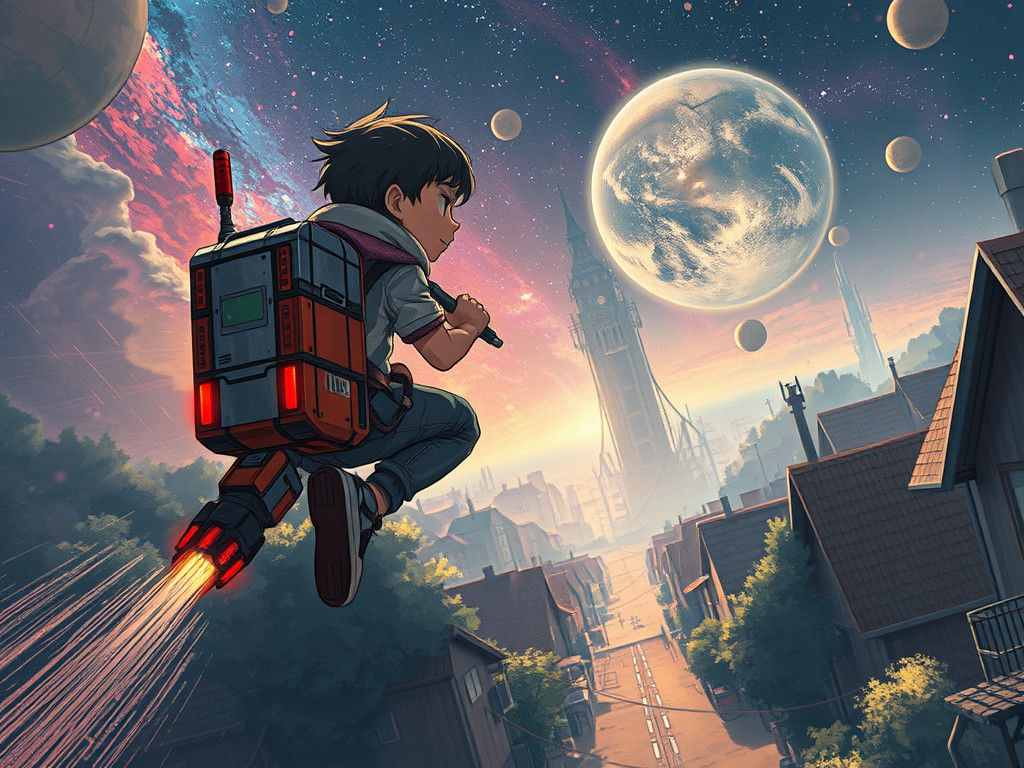 Kid with Cyberpunk Jetpack Over Cityscape