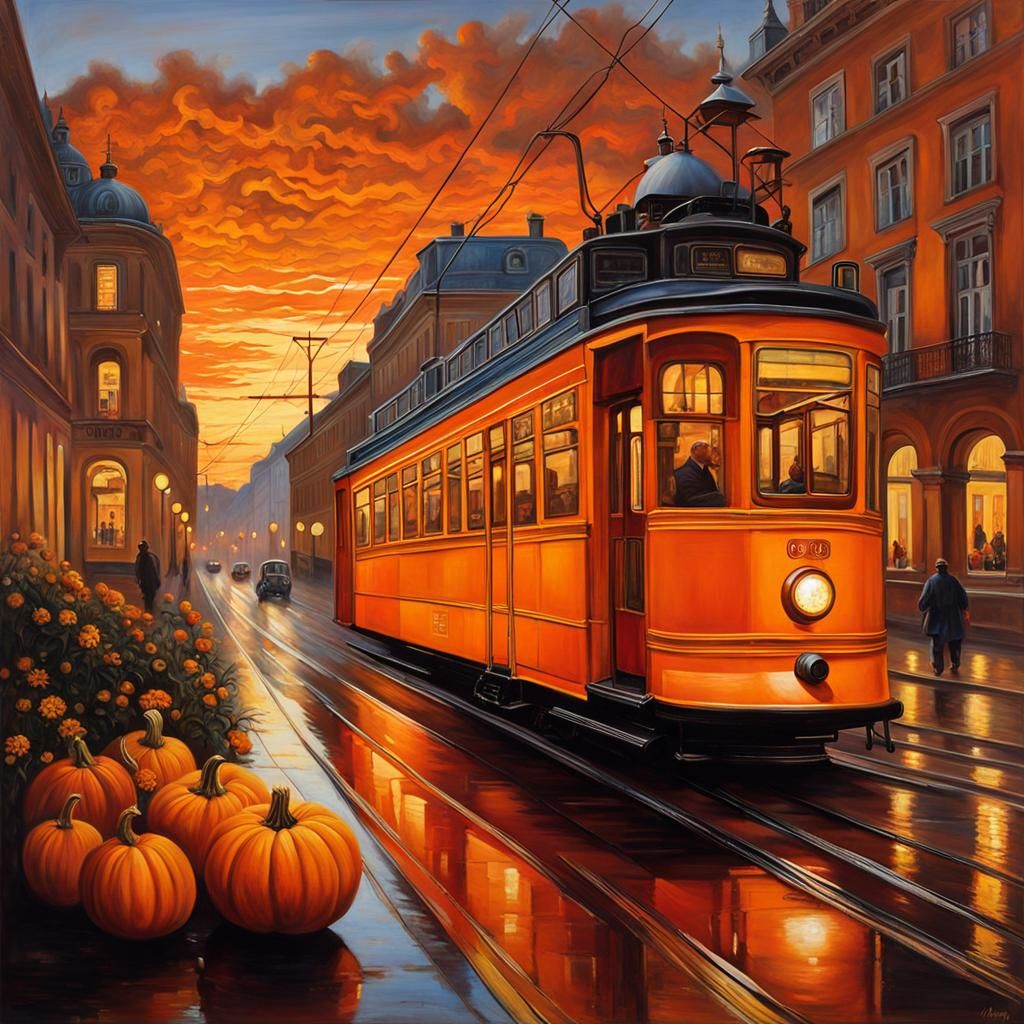 Romantic Orange City Tram at Sunset
