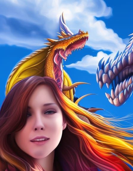 Hyperrealistic Girl and Dragon in Dramatic Sky