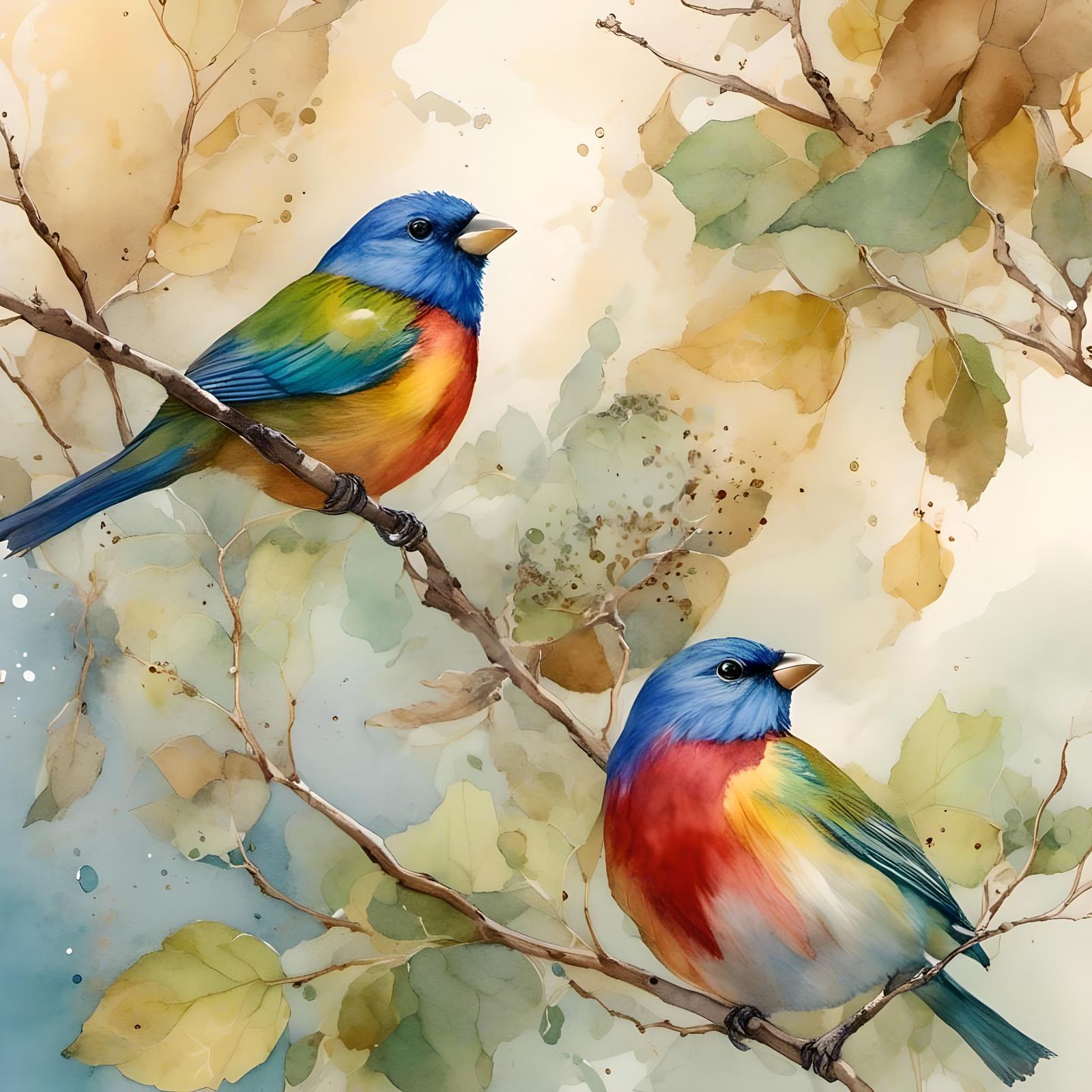 Painted Buntings on Cottonwood Branch: Watercolor Abstract