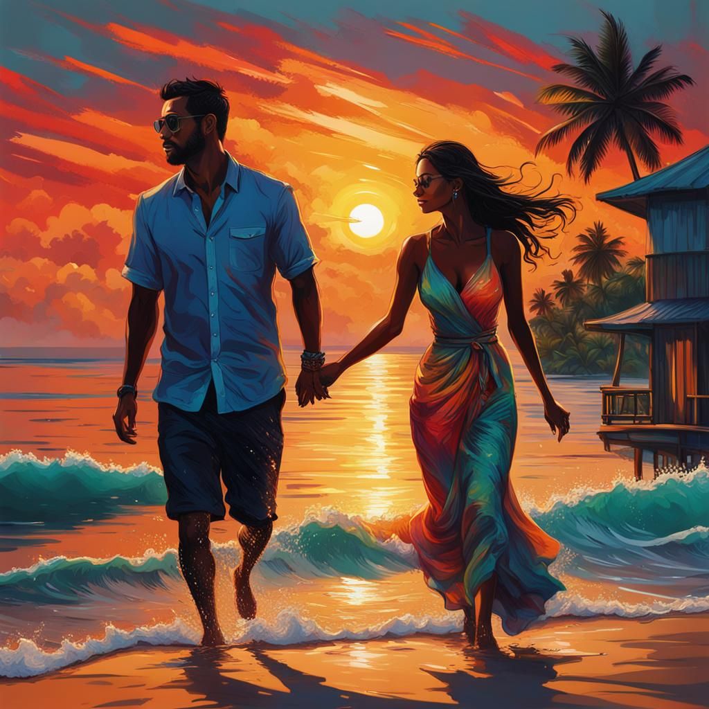 Maldives Sunset Couple: Hyperrealistic Splash Art