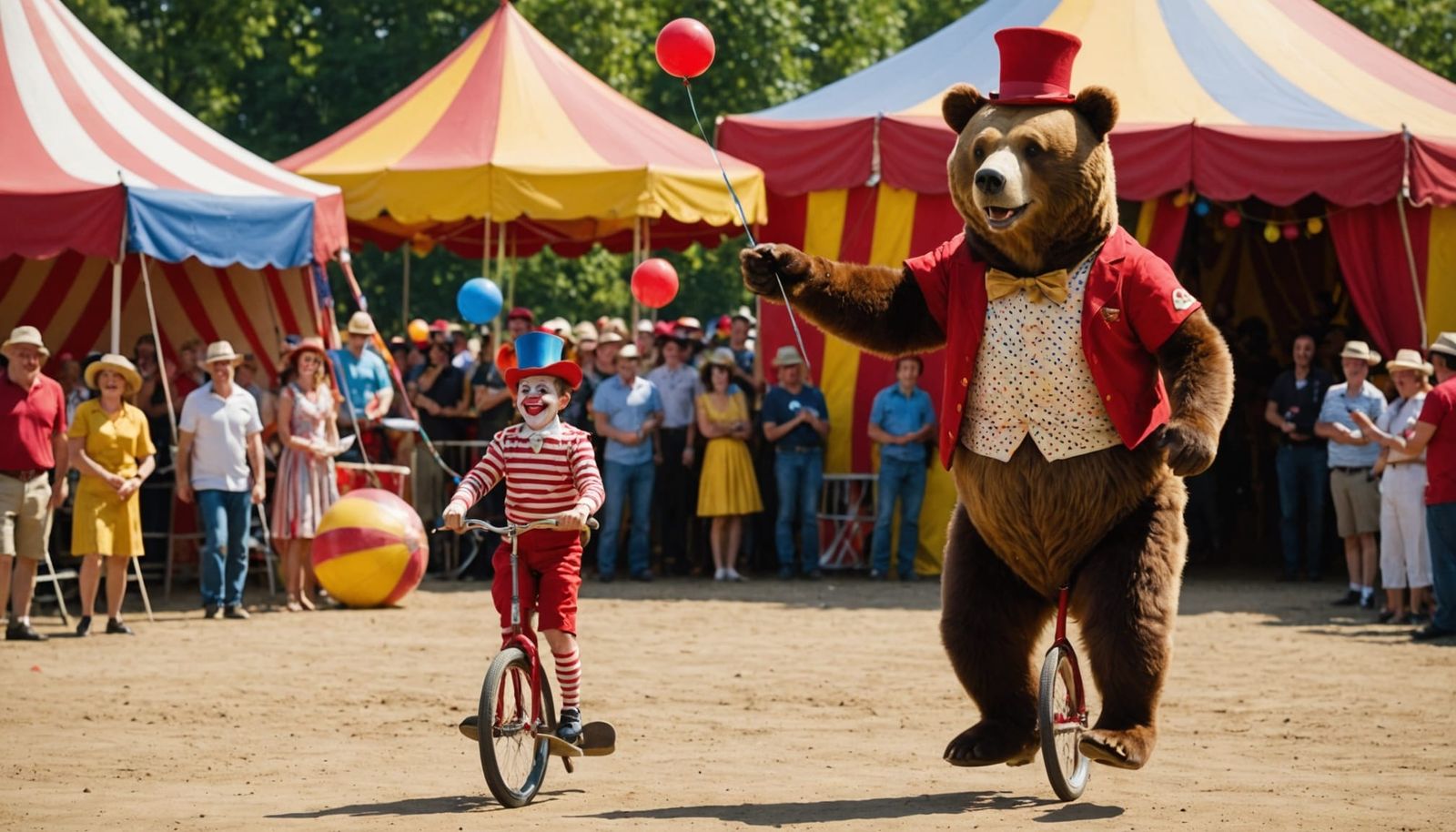 A Brown Bear on Unicycle Meets a Colorful Clown in a Vibrant...