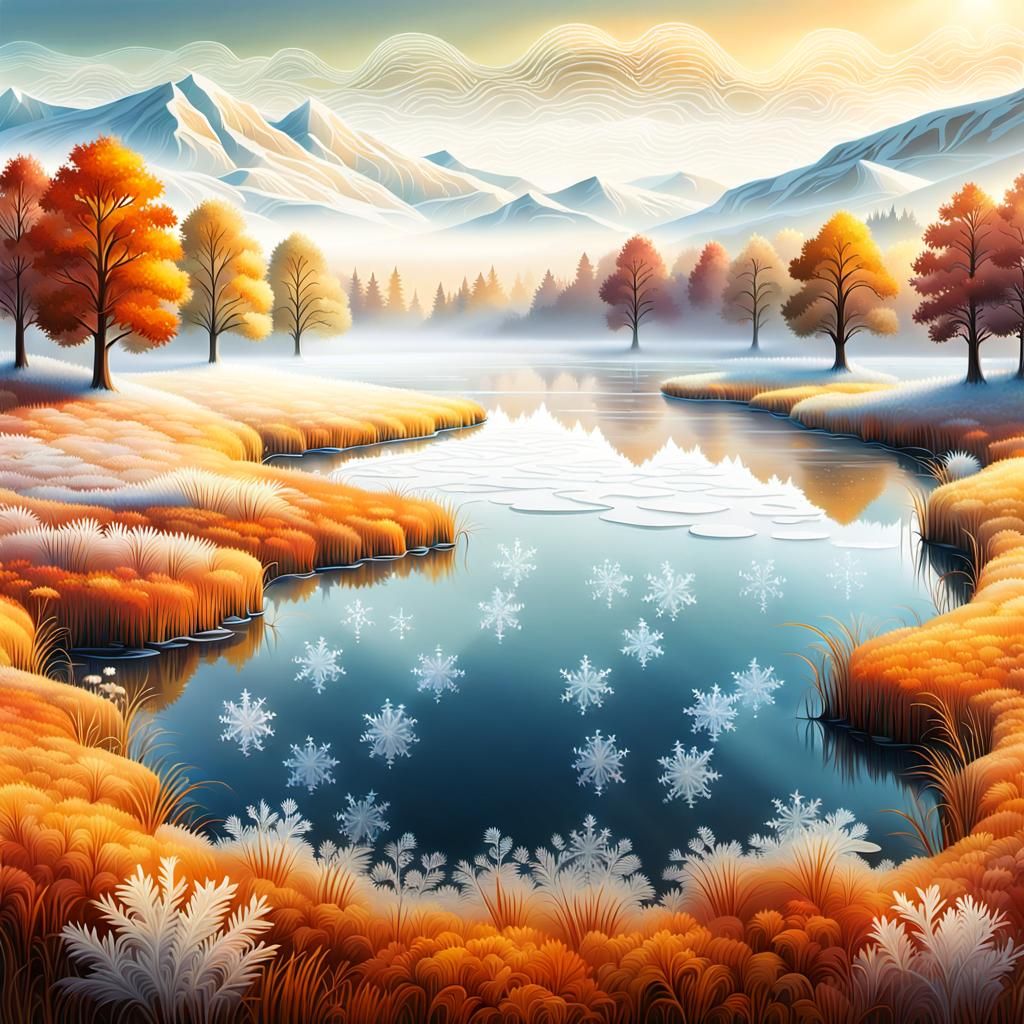 Fields in autumn, morning, there are ice crystals on the meadows with a light mist over a lake, cotton wool, hyperrealis...