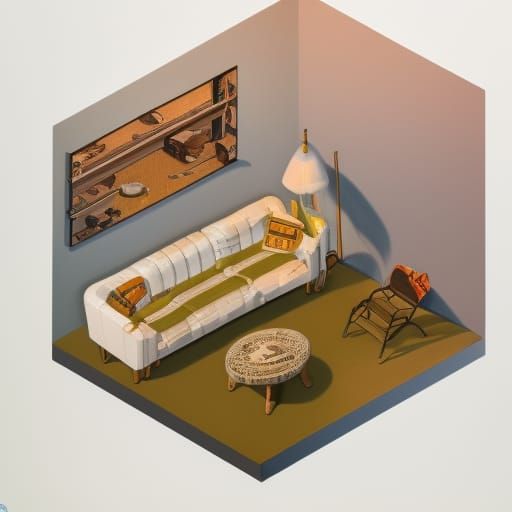 Cozy Cattlecore Honeypunk Living Room in Isometric View
