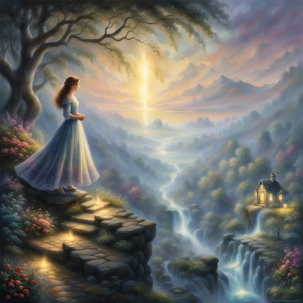 Girl with Light and Darkness in Ethereal Landscape