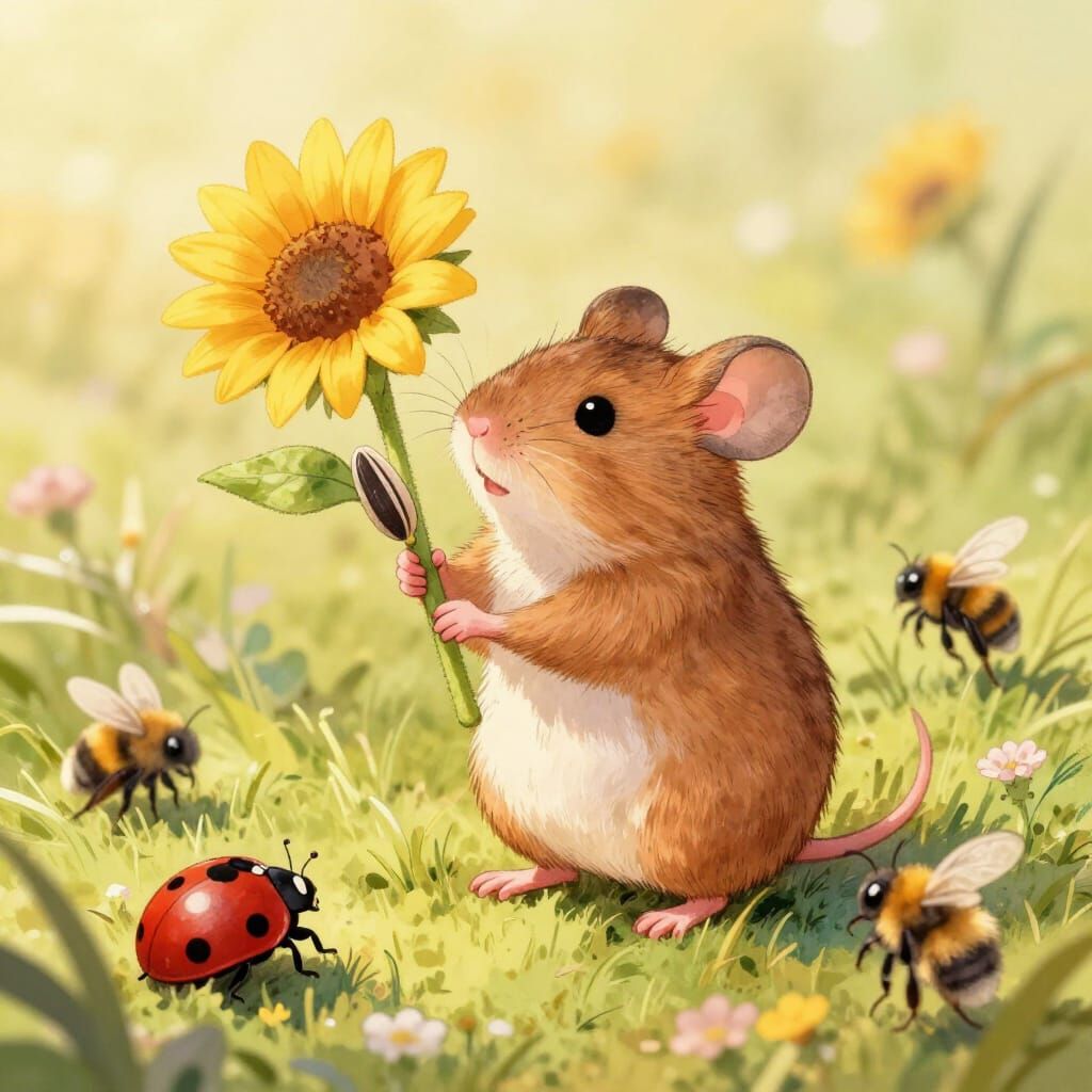 Tiny Mouse's Sunflower Seed Victory in Golden Hour Light