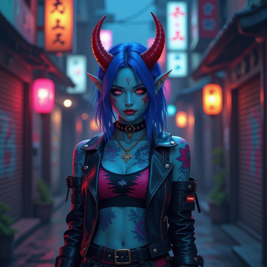 Tiefling Punk Girl in Neo-Tokyo Alleyway