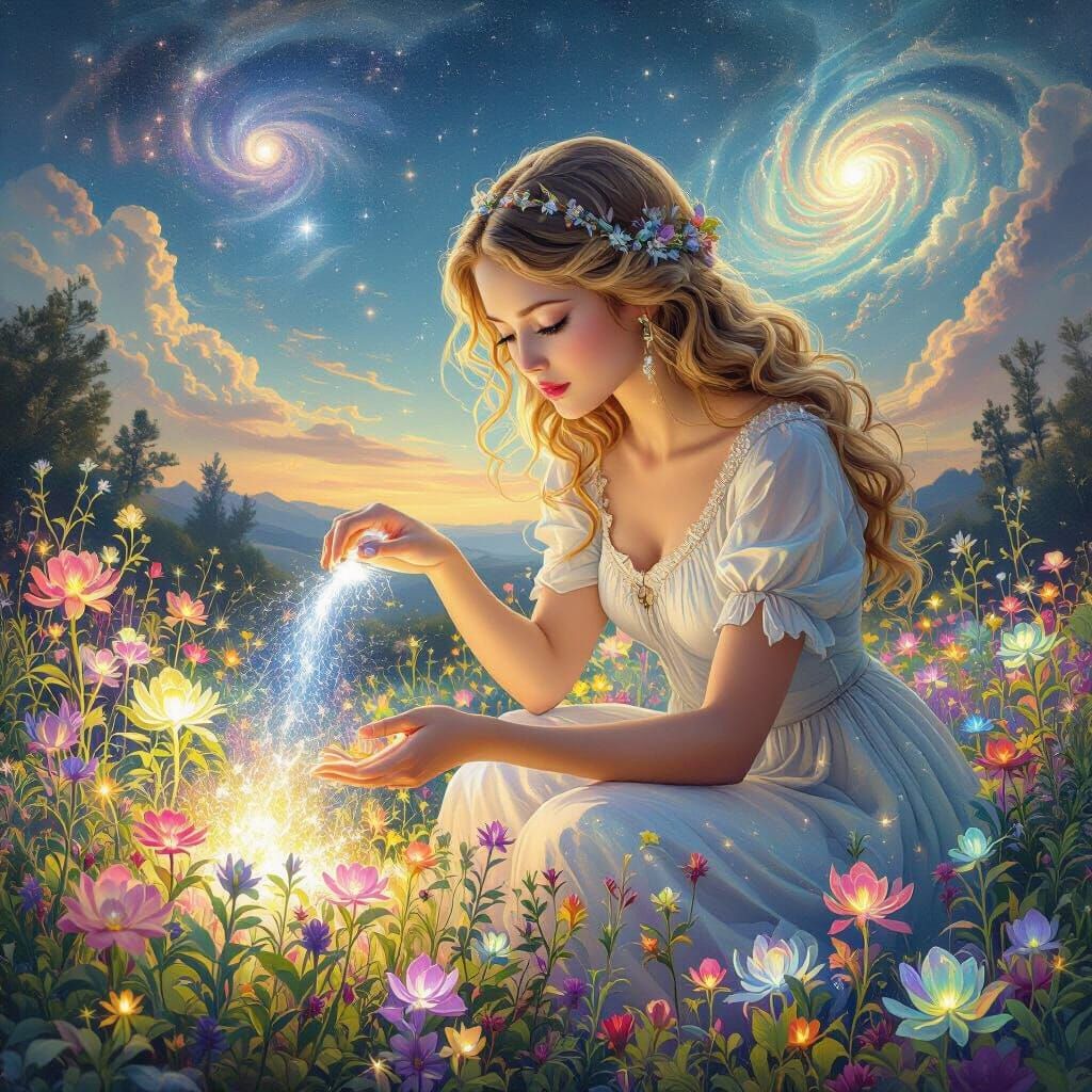 Virgo Maiden Pouring Cosmic Energy: Surreal Stardust Art