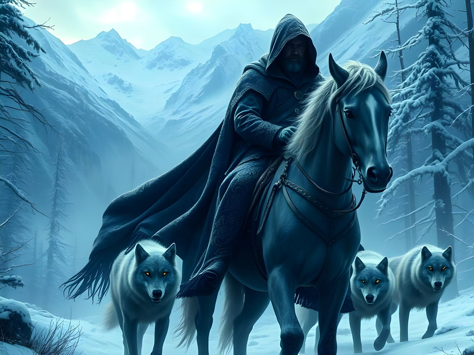 Ethereal Wizard Rides Through Frosty Mountains