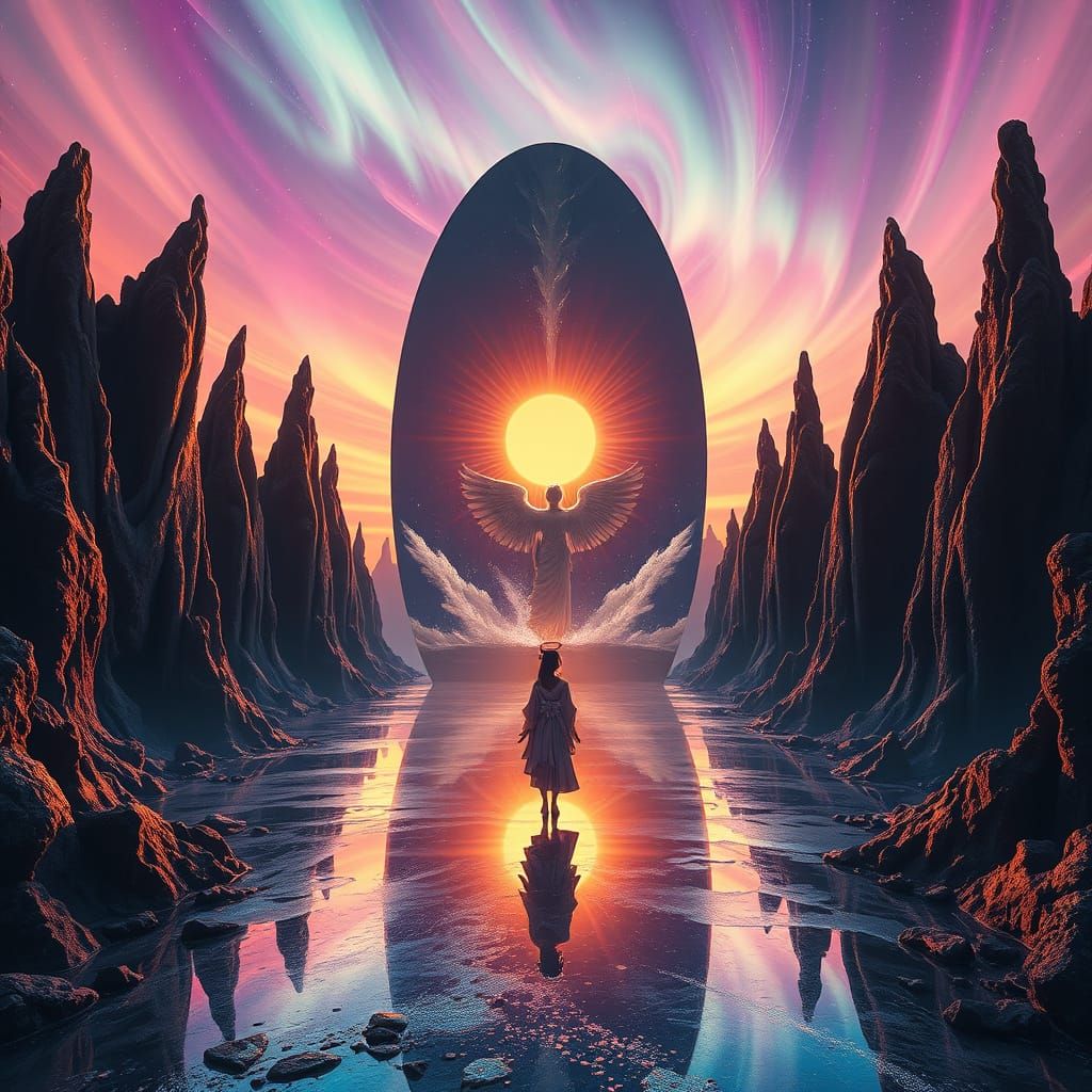 A colossal mirror between twisted basalt spires under a swir...