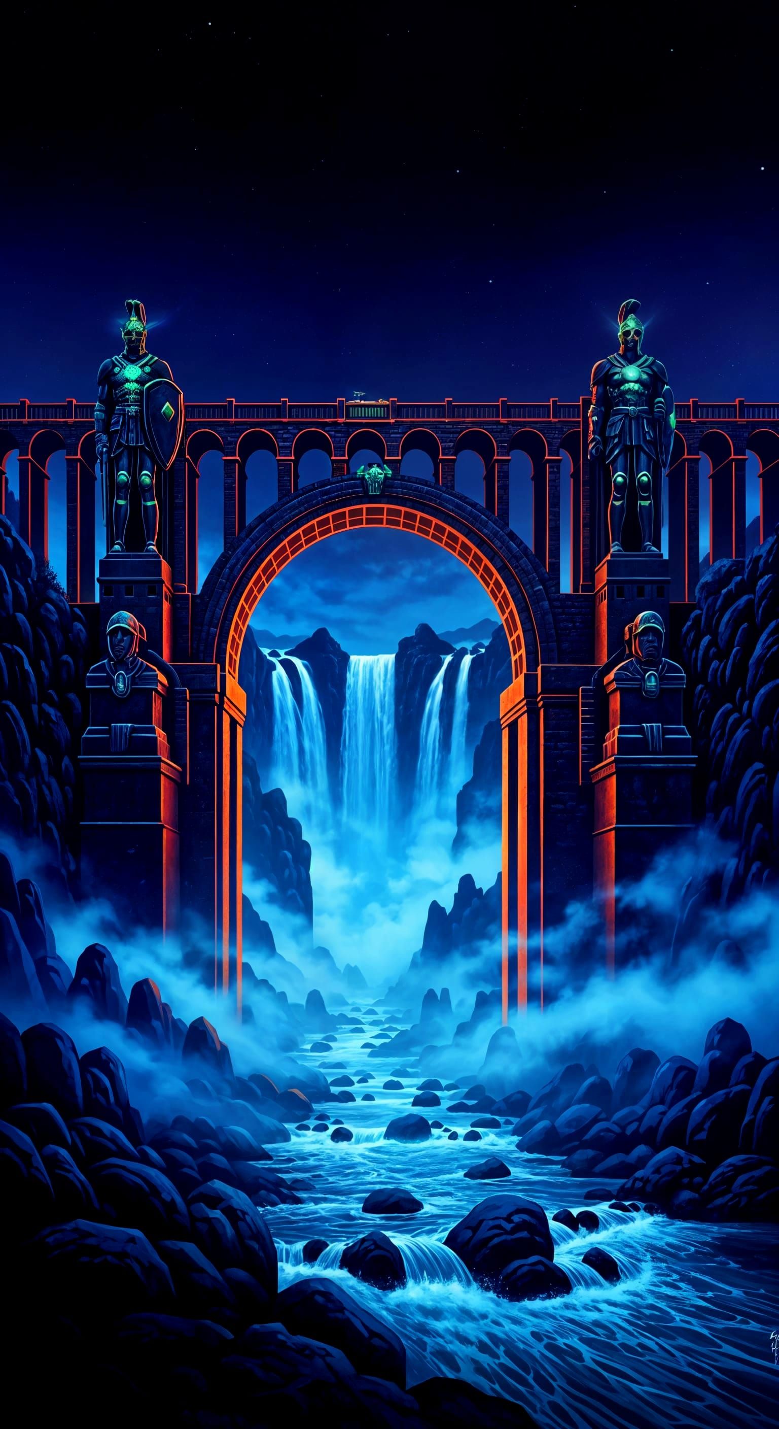 Romanesque Bridge Warrior Statues in Blacklight Poster Style
