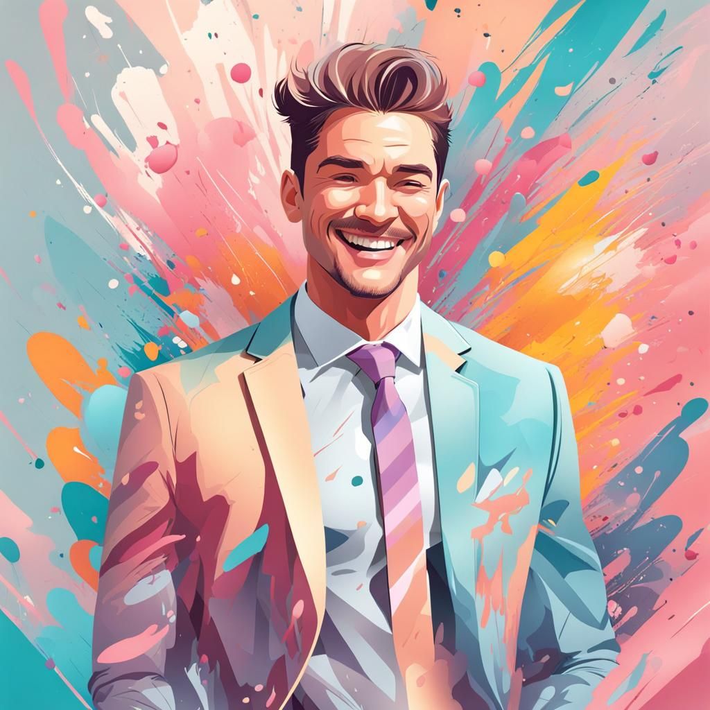 Smiling Man in Pastel Suit with Abstract Background