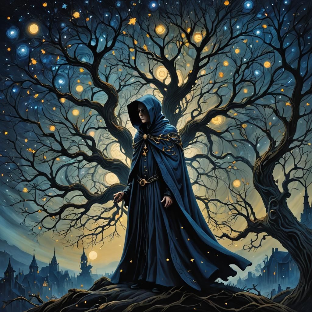 Tim Burton-Inspired Figure Under Starry Tree