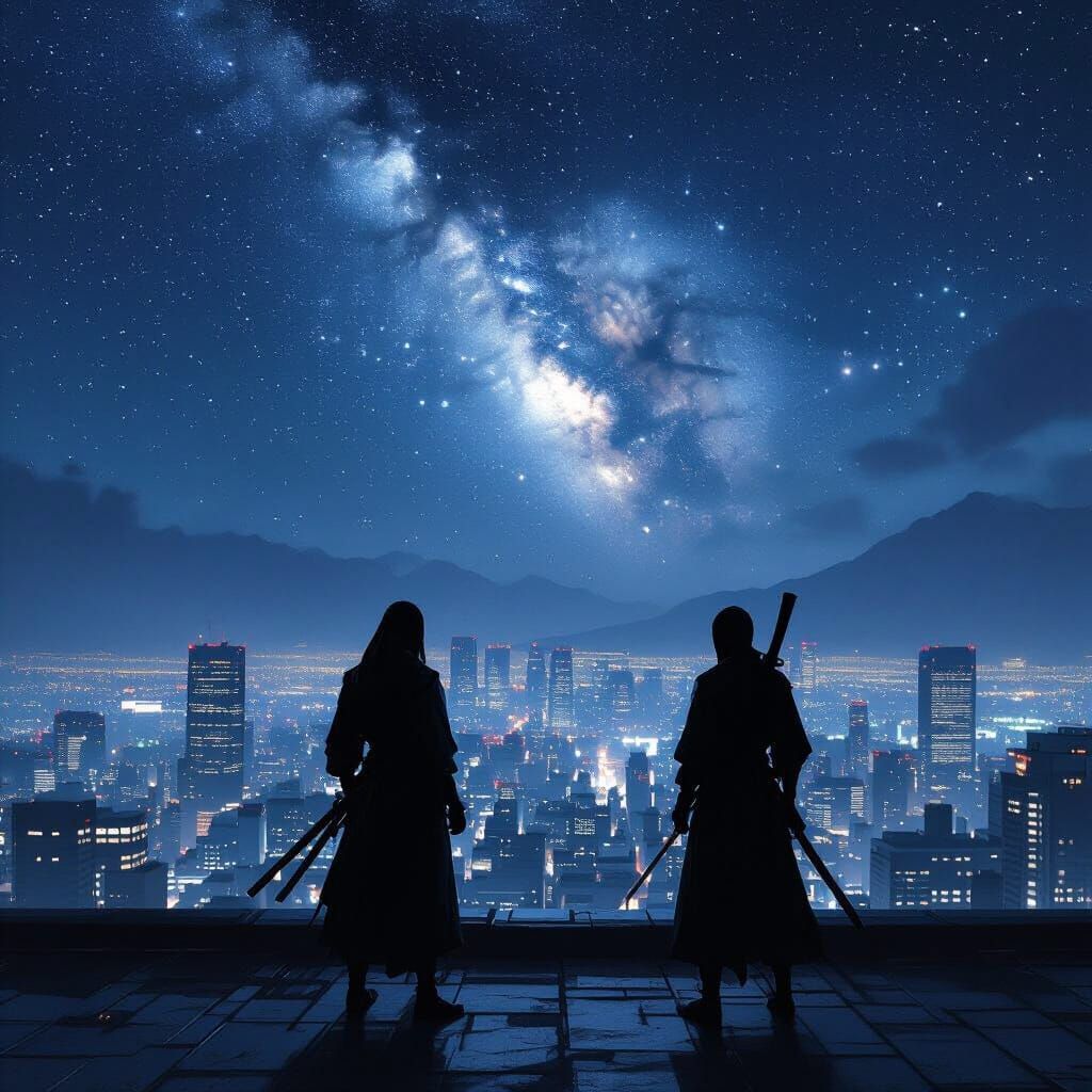 Ninjas on Tokyo Rooftop Under the Milky Way