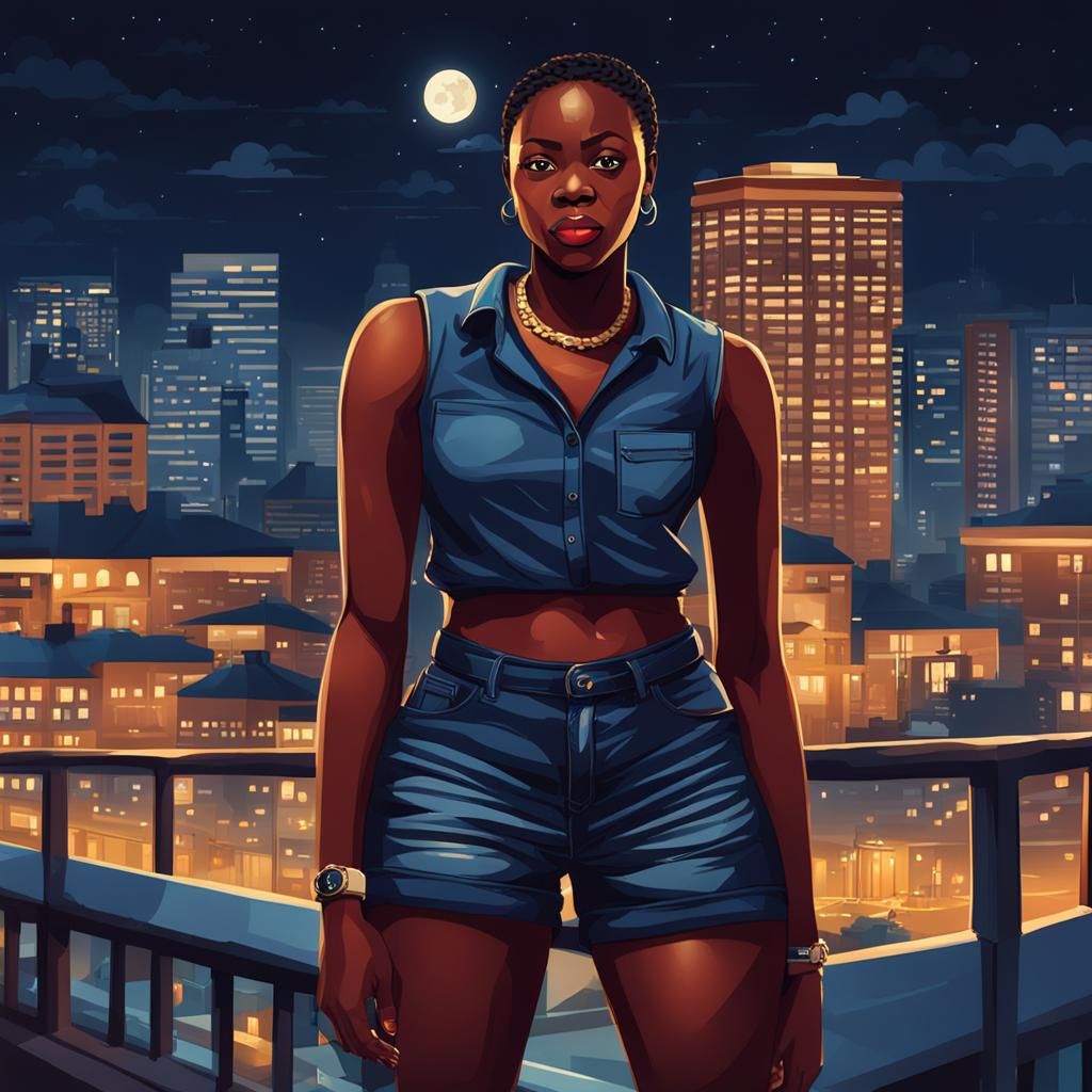 Nigerian Woman in Cityscape at Night