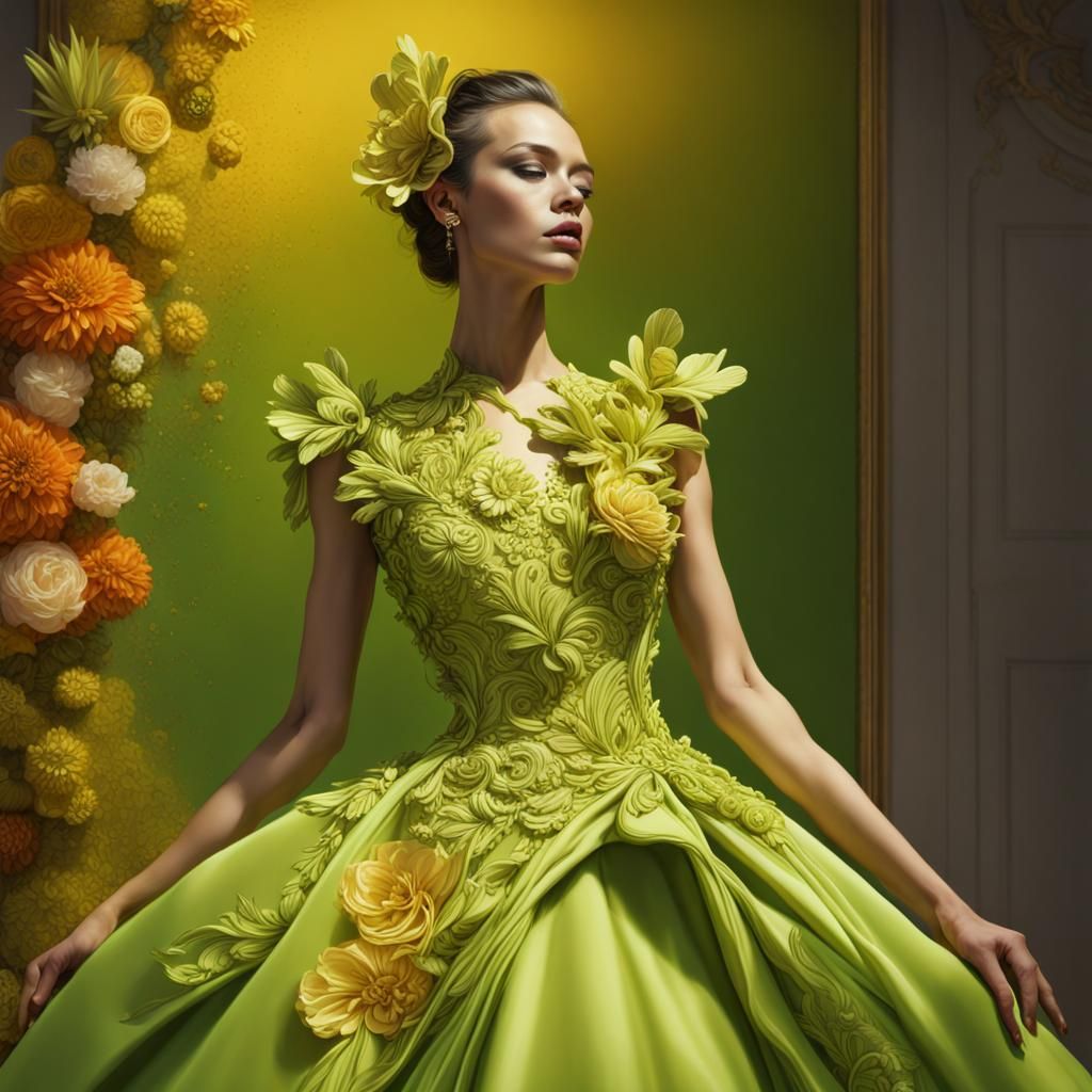 Haute Couture lime green dress, dramatic, floral, gold, Hyperrealistic, splash art, concept art, mid shot, intricately d...