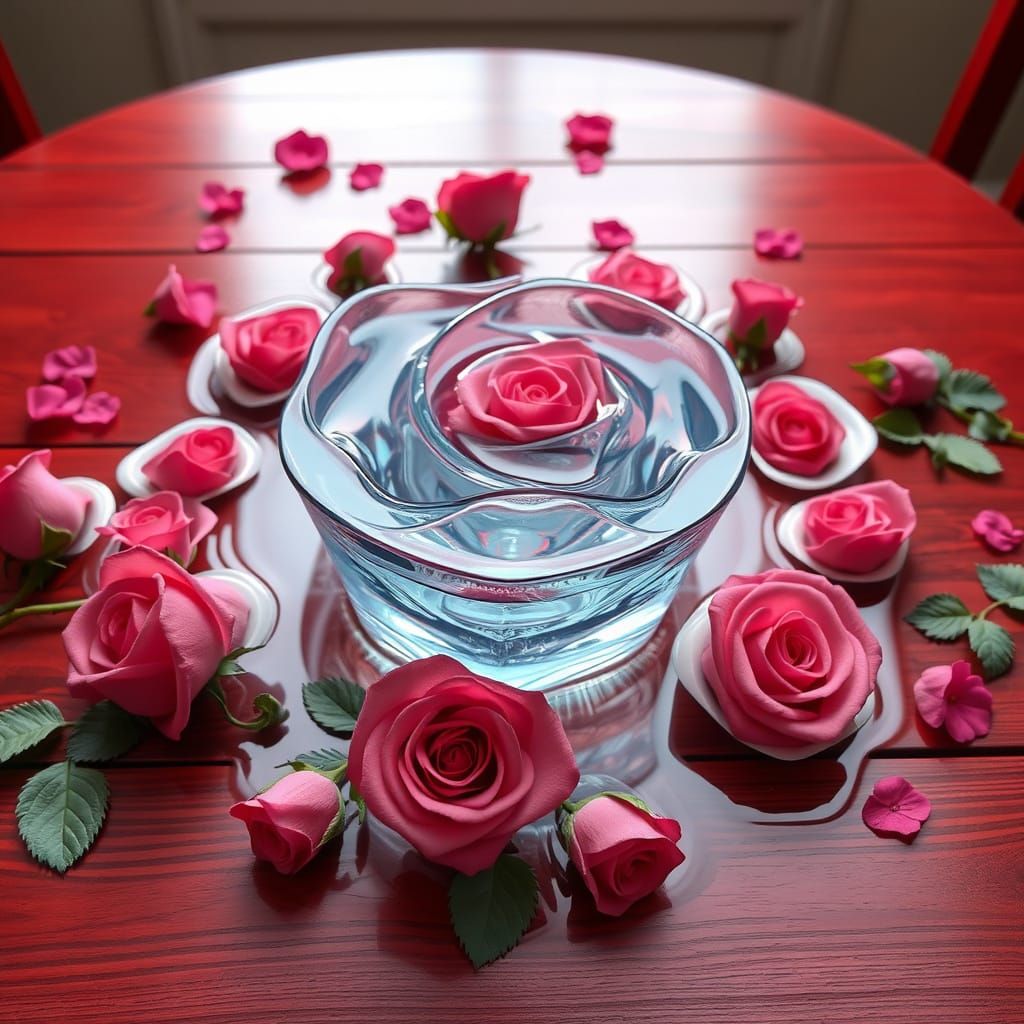 Water Roses on Red Wood Table