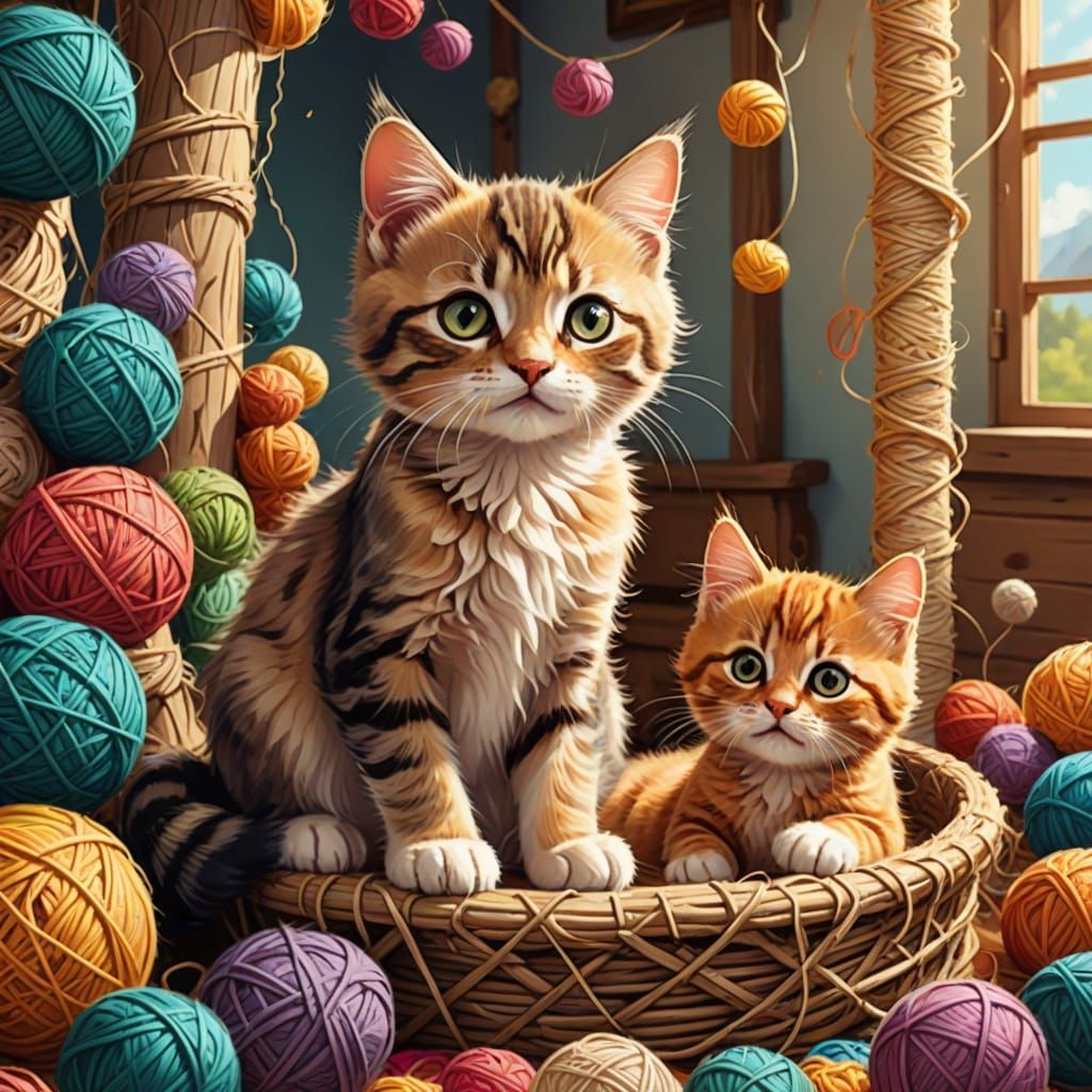 Playful Kittens Chase Yarn in a World of Cat Scratchers