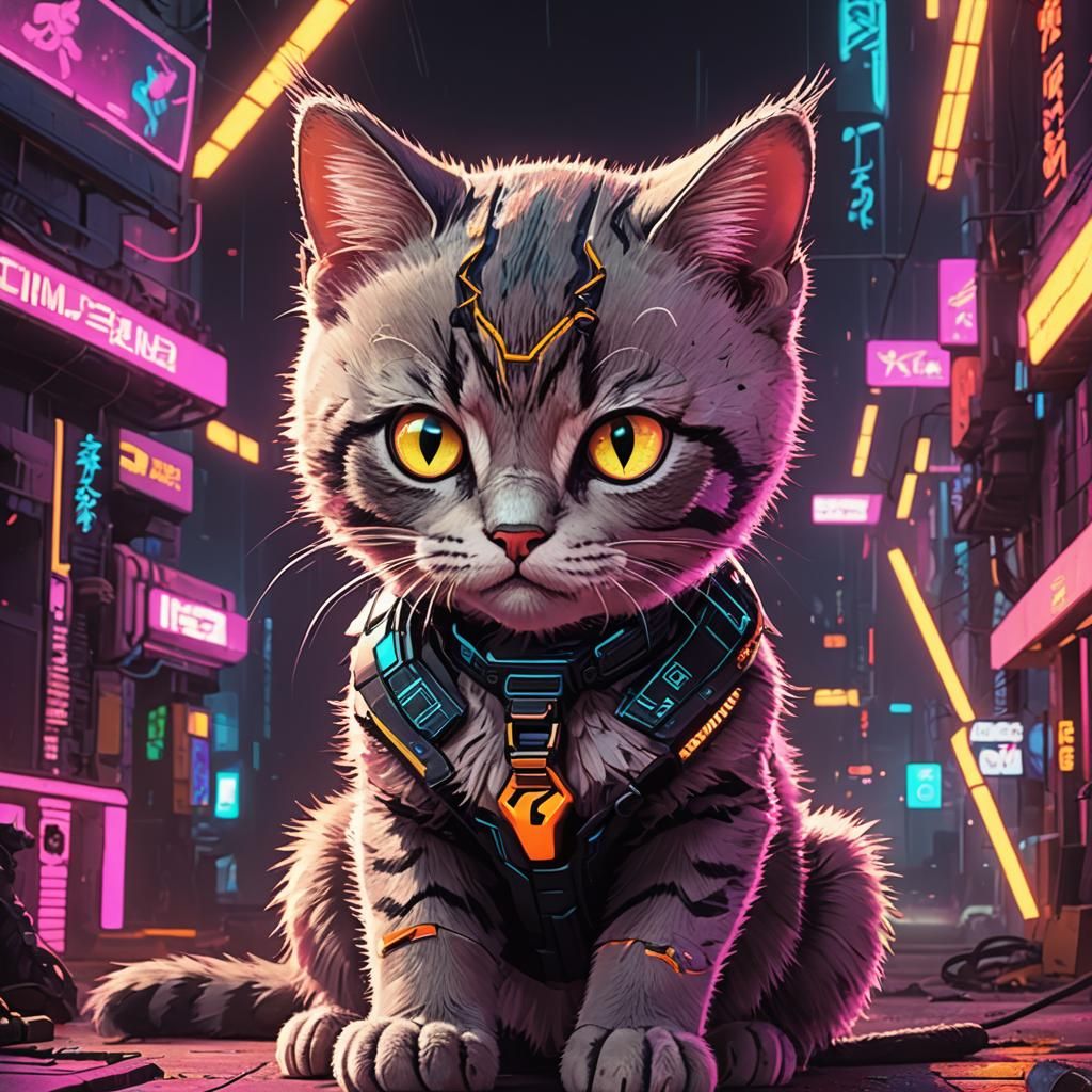 Cute Cat in Cyberpunk Neon Cityscape