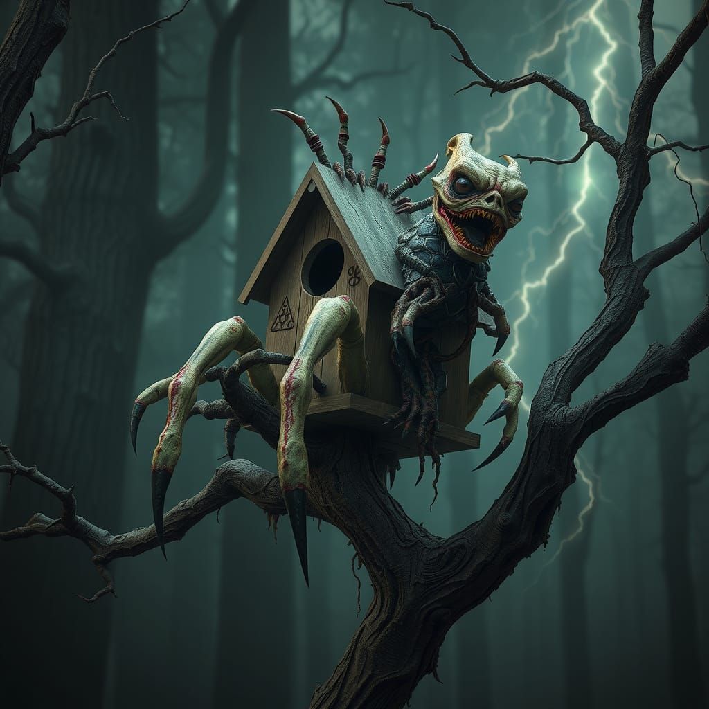Nightmarish Birdhouse in Haunted Forest: Digital Painting