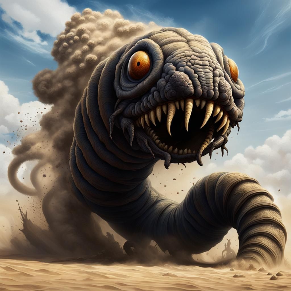 Enormous Sandworm Emerges in Fantasy Landscape