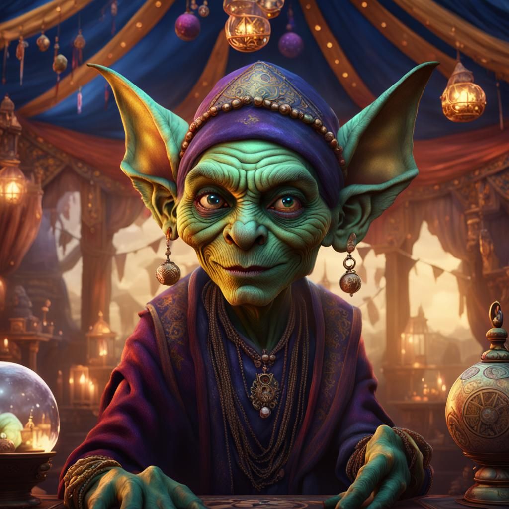 Goblin Fortune Teller in Silk Tent, Detailed Fantasy Art