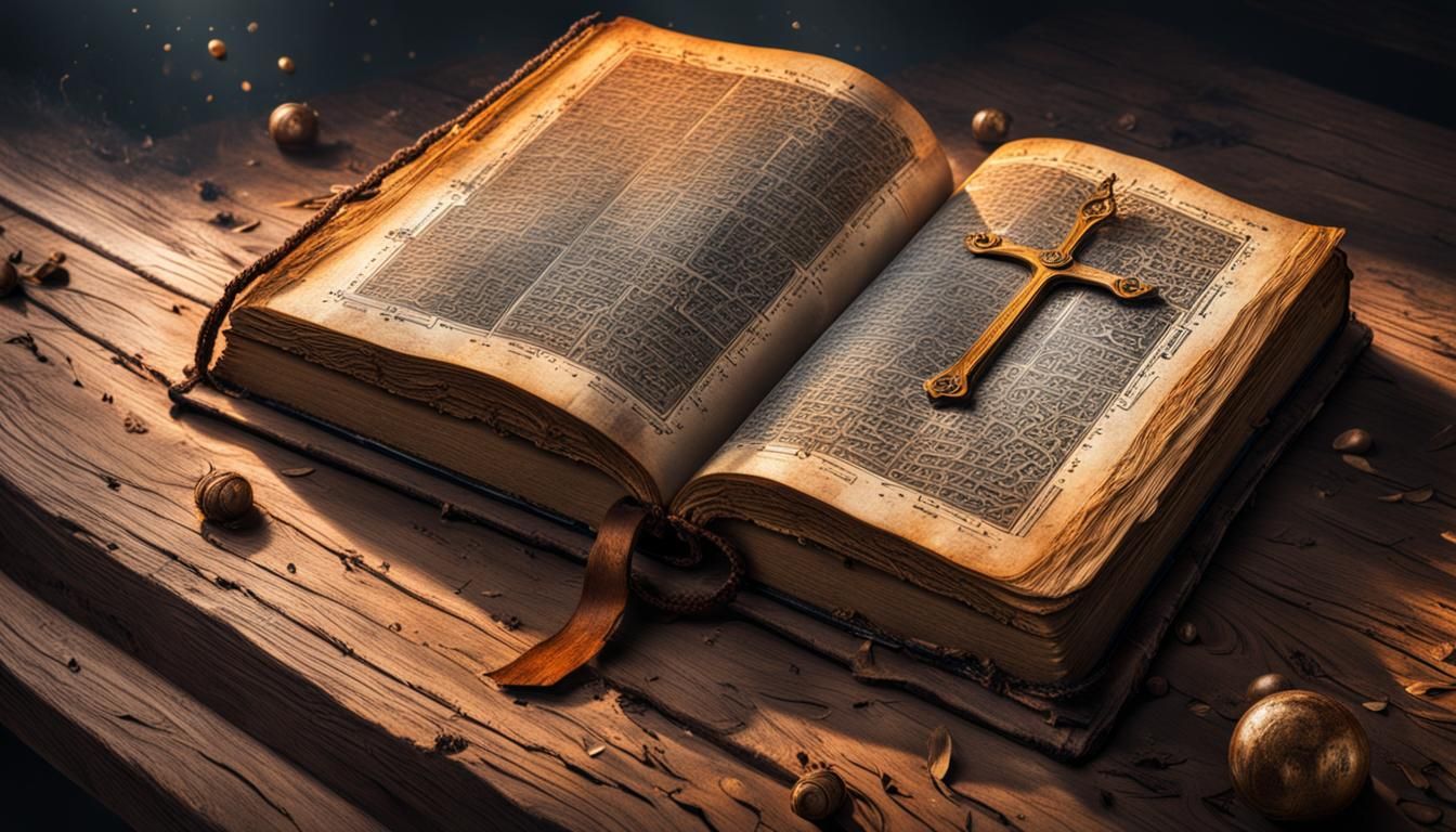 Old Bible on Wooden Table: Hyperrealistic Splash Art
