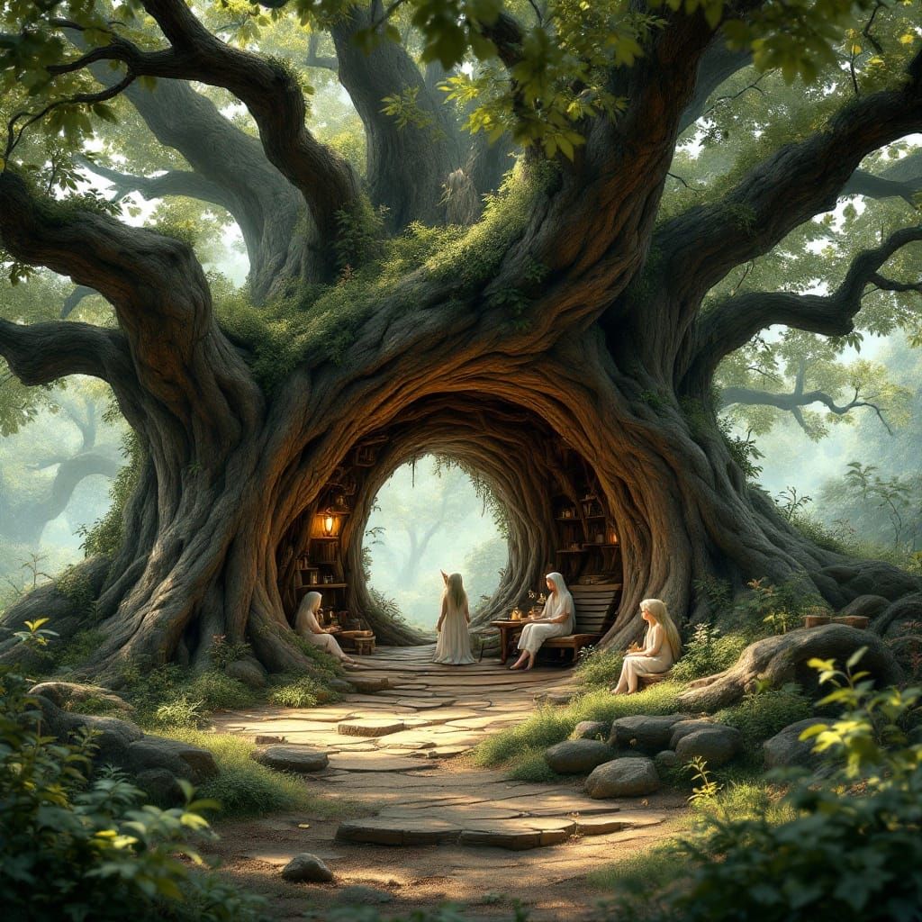 Whimsical Family of Elves in a Majestic Oak Tree Log Cave