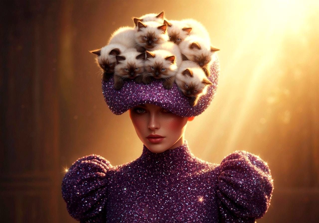 Lady in Glitter Dress with Kitten Hat
