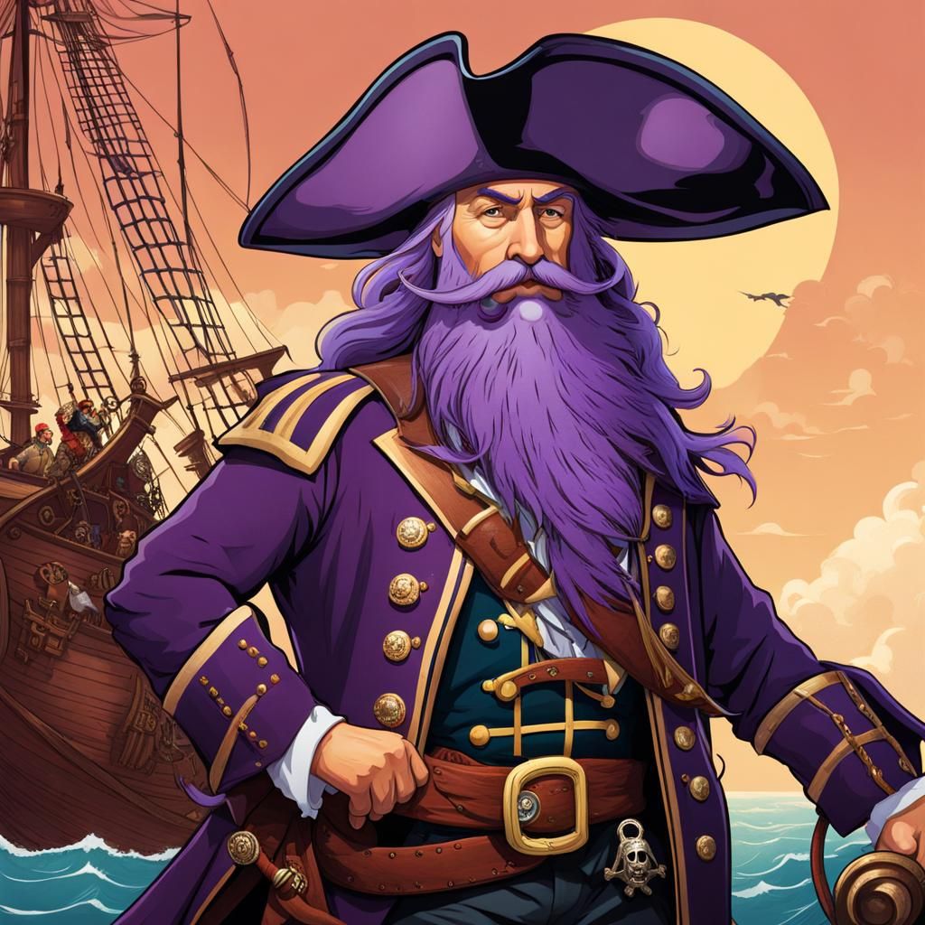Pirate Captain with Purple Beard on Grand Ship