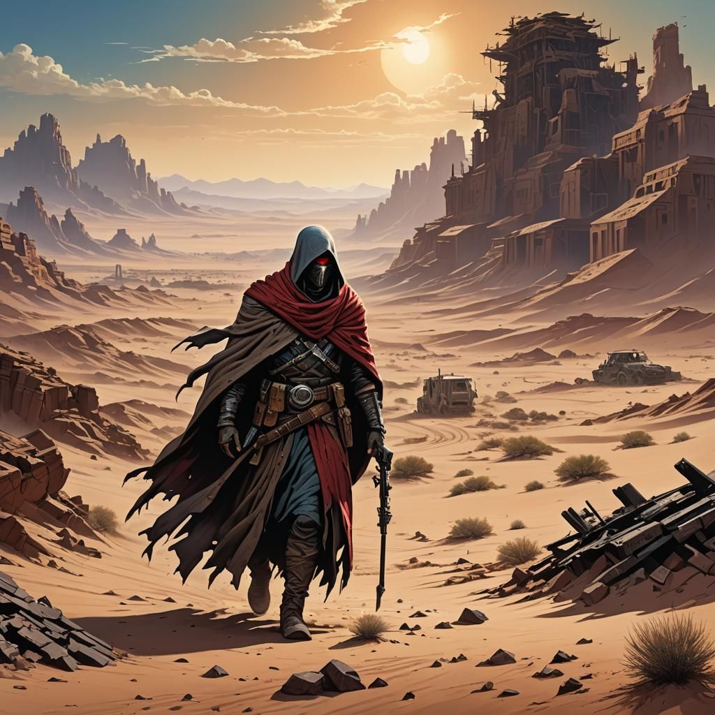 Desert Warrior in Sci-Fi Wasteland Ruins