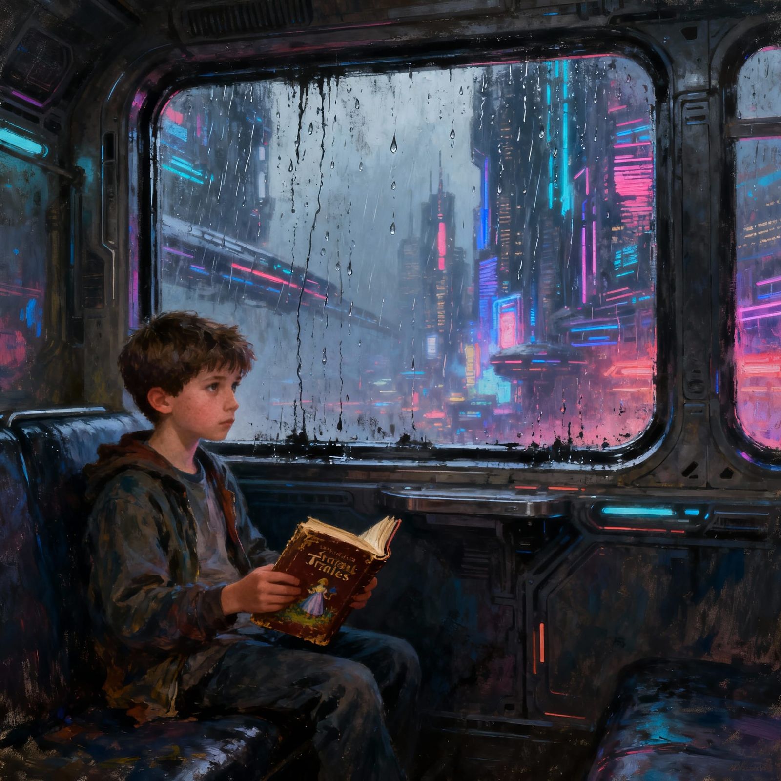 Boy Reading Fairy Tales on Cyberpunk Train