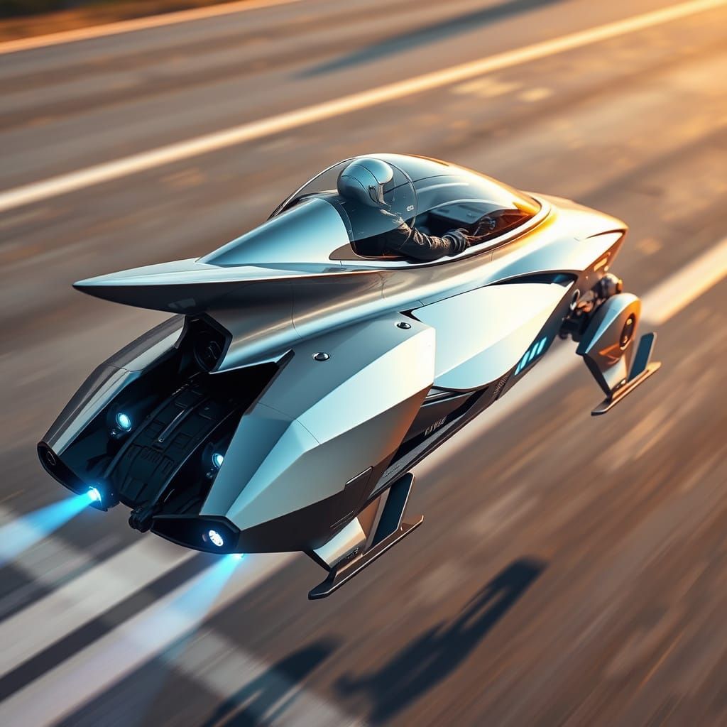 Cyberpunk Hoverbike Suspended in Golden Light