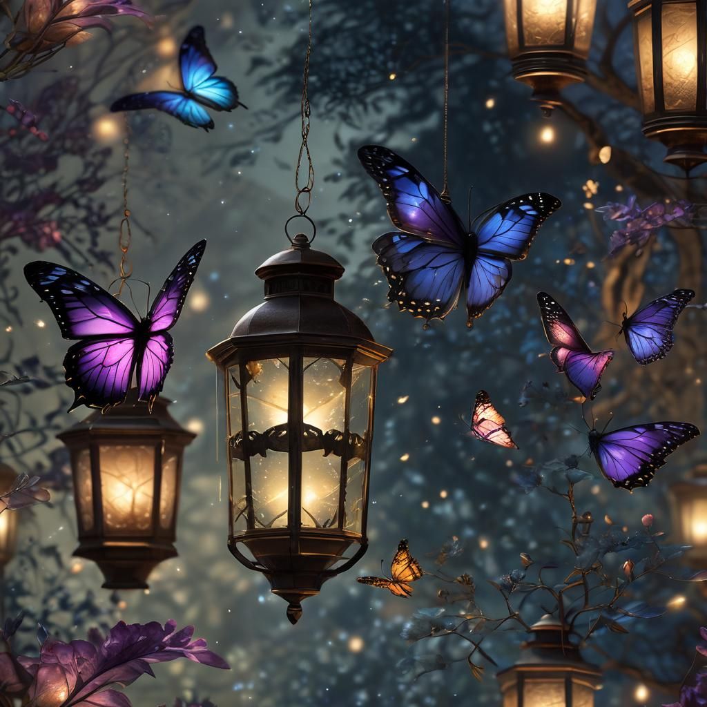 Butterfly Flying From Glowing Lantern at Night