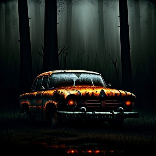 Ominous Rust Car in Dark Forest: Surreal Oil Painting