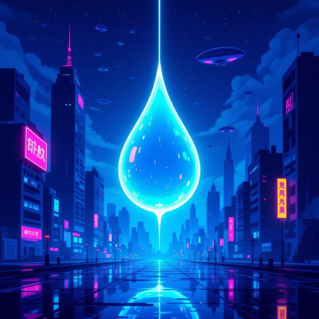 Colossal Neon Tear Falls on Retro-Futuristic Cityscape in Pi...
