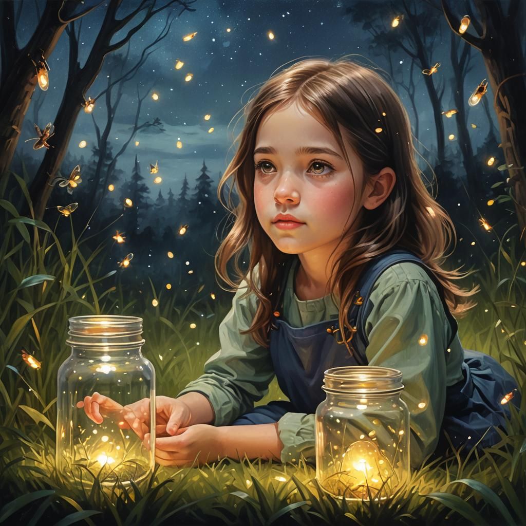 Girl with Fireflies in Magical Forest Oil Painting