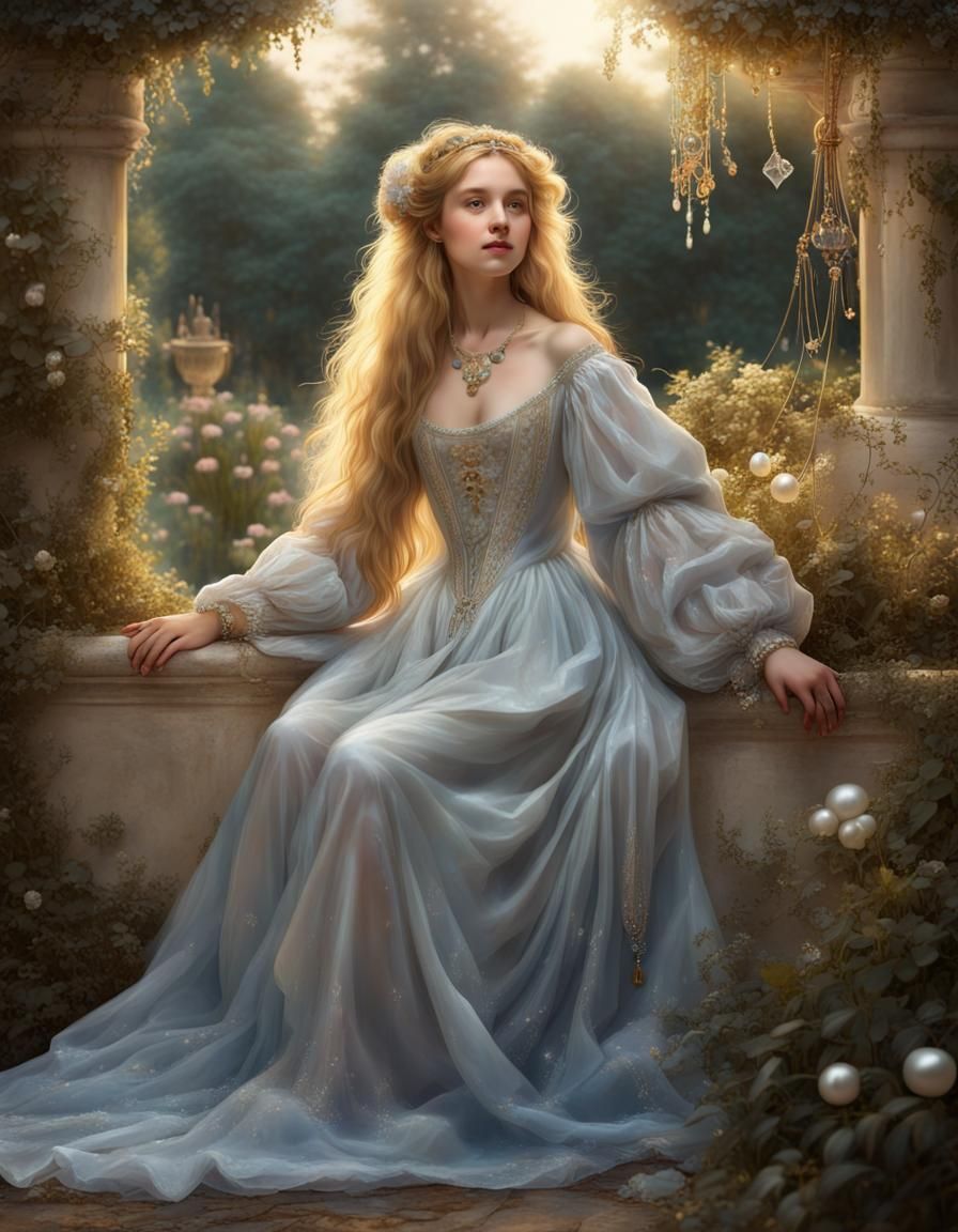 Renaissance Girl in Silver Gown with Golden Hair