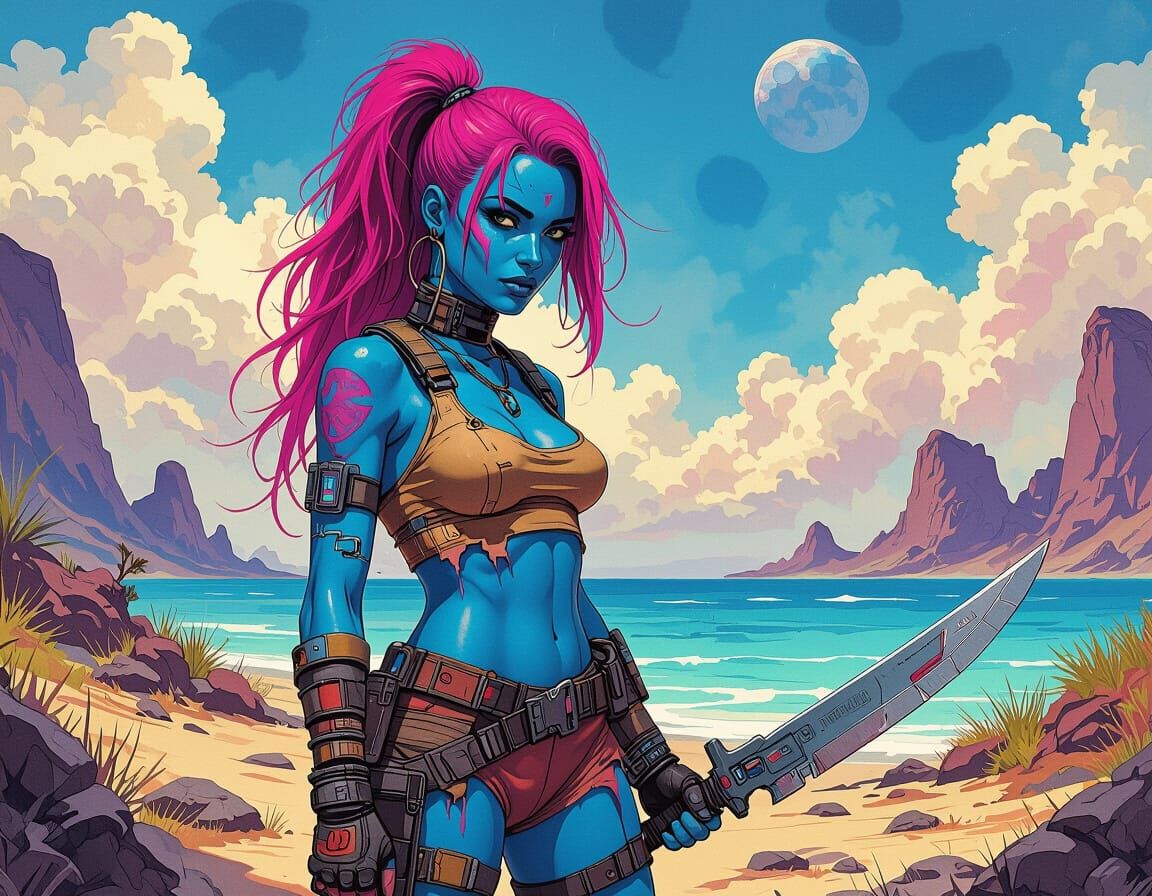 Alien Castaway with Machete in Watercolor Style