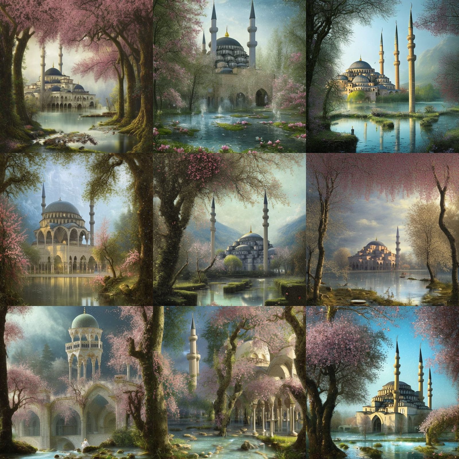 Ottoman Mosque in Fantasy Spring Landscape, Photorealistic P...