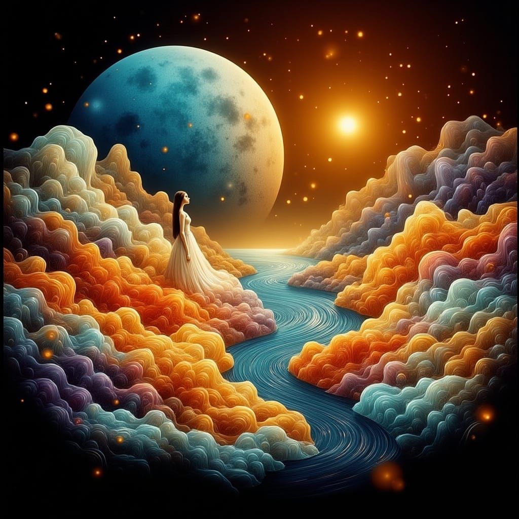 Woman at Singing River in Dreamlike Landscape